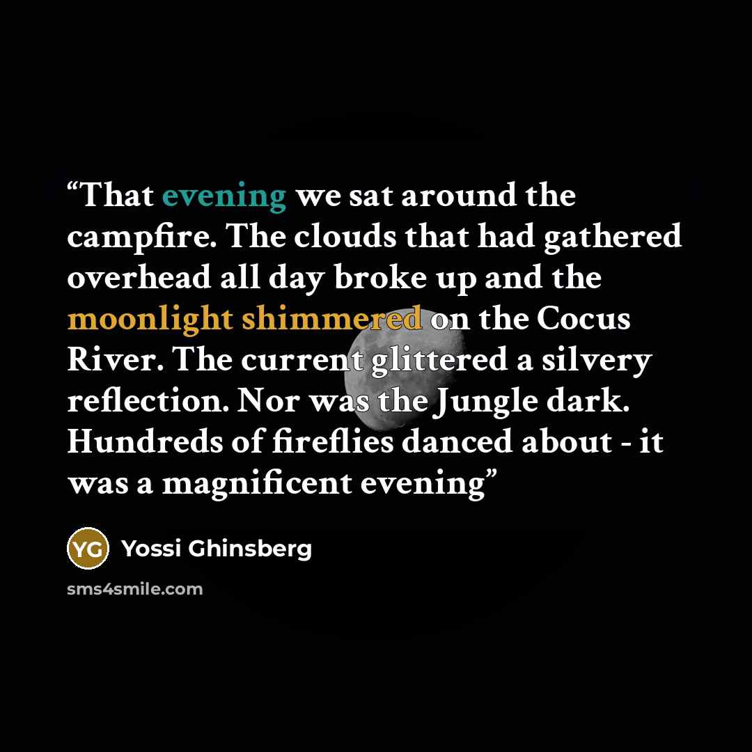 “That evening we sat around the campfire. The clouds that had gathered overhead all day broke up and the moonlight shimmered on the Cocus River. The current glittered a silvery reflection. Nor was the Jungle dark. Hundreds of fireflies danced about - it was a magnificent evening” quote by Yossi Ghinsberg