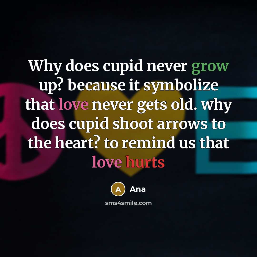 “Why does cupid never grow up? because it symbolize that love never gets old. why does cupid shoot arrows to the heart? to remind us that love hurts” quote by Ana