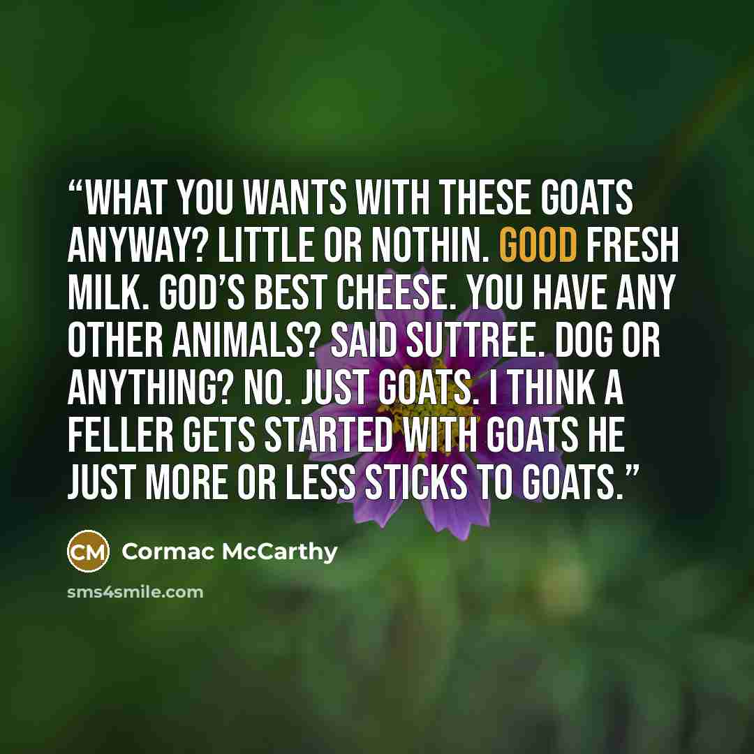 “What you wants with these goats anyway? Little or nothin. Good fresh milk. God’s best cheese. You have any other animals? said Suttree. Dog or anything? No. Just goats. I think a feller gets started with goats he just more or less sticks to goats.” quote by Cormac McCarthy