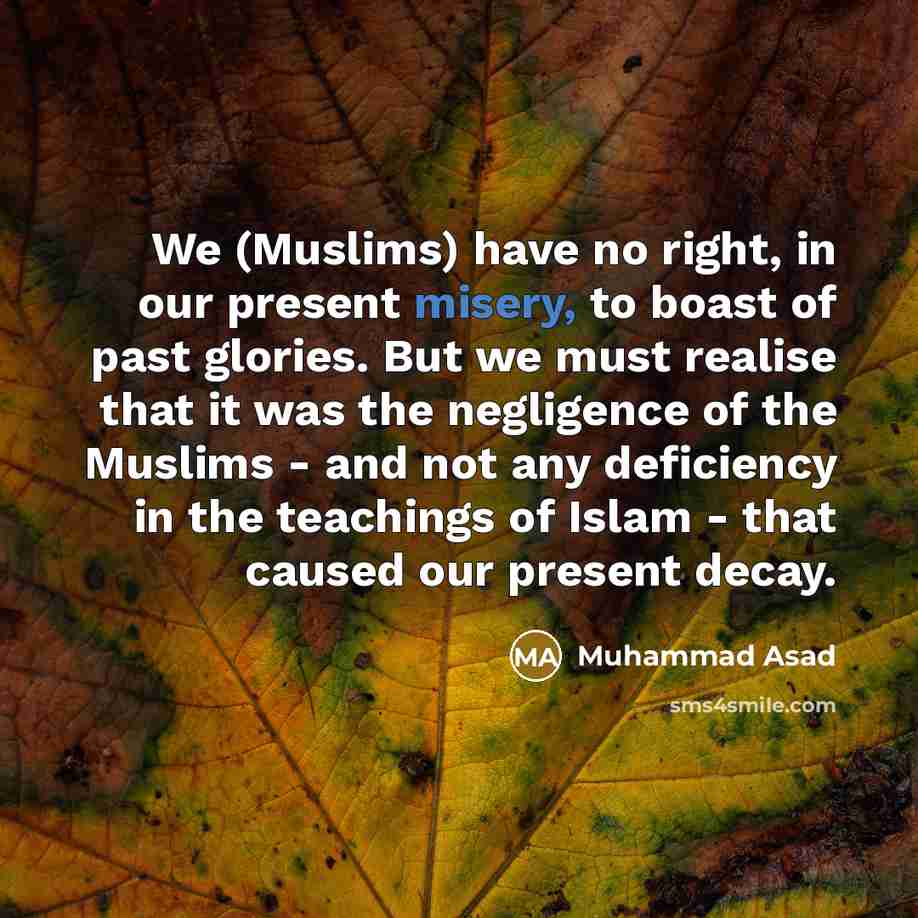 “We (Muslims) have no right, in our present misery, to…” quote by Muhammad Asad