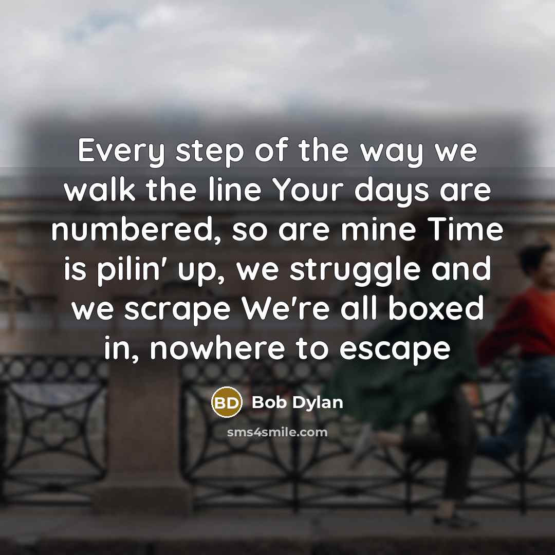 “Every step of the way we walk the line Your days are numbered, so are mine Time is pilin' up, we struggle and we scrape We're all boxed in, nowhere to escape” quote by Bob Dylan