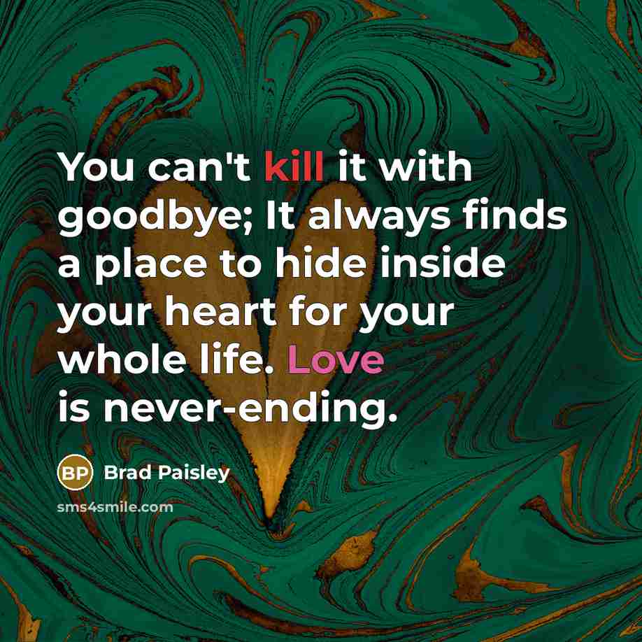 “You can't kill it with goodbye; It always finds a place to hide inside your heart for your whole life. Love is never-ending.” quote by Brad Paisley
