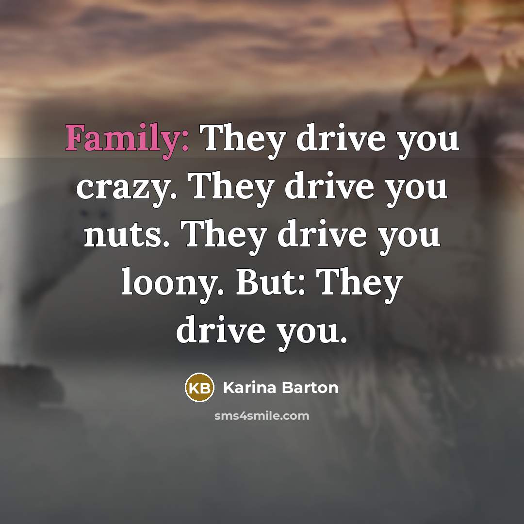 “Family: They drive you crazy. They drive you nuts. They drive you loony. But: They drive you.” quote by Karina Barton