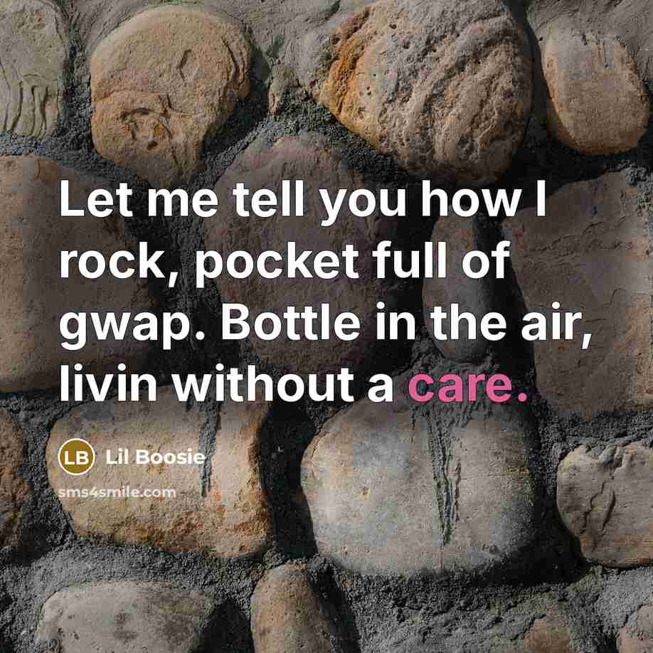“Let me tell you how I rock, pocket full of gwap. Bottle in the air, livin without a care.” quote by Lil Boosie