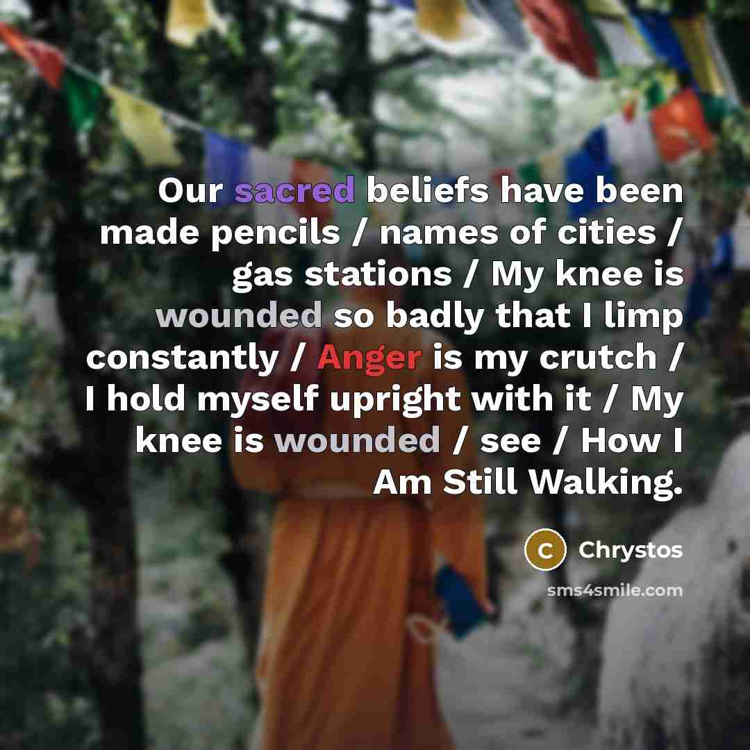 “Our sacred beliefs have been made pencils / names of…” quote by Chrystos