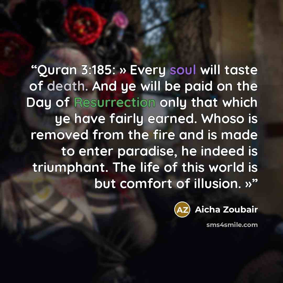 “Quran 3:185: » Every soul will taste of death. And ye will be paid on the Day of Resurrection only that which ye have fairly earned. Whoso is removed from the fire and is made to enter paradise, he indeed is triumphant. The life of this world is but comfort of illusion. »” quote by Aicha Zoubair
