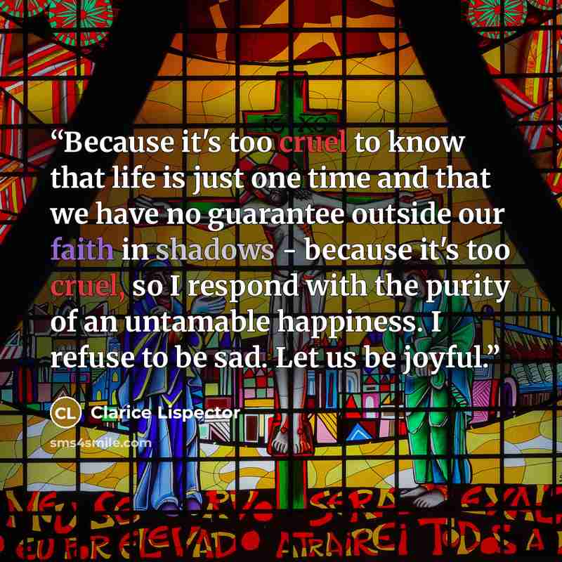 “Because it's too cruel to know that life is just one time and that we have no guarantee outside our faith in shadows - because it's too cruel, so I respond with the purity of an untamable happiness. I refuse to be sad. Let us be joyful.” quote by Clarice Lispector