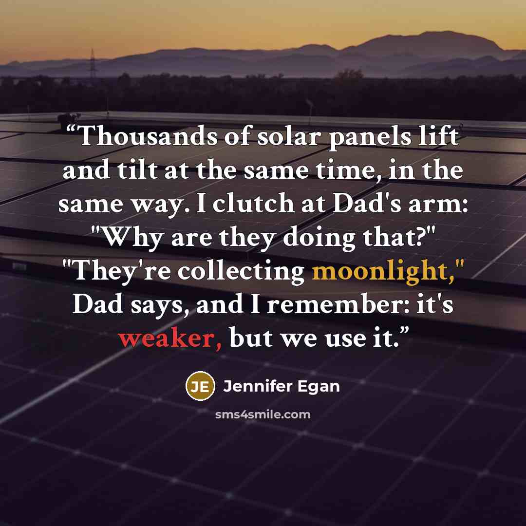 “Thousands of solar panels lift and tilt at the same time, in the same way. I clutch at Dad's arm: "Why are they doing that?" "They're collecting moonlight," Dad says, and I remember: it's weaker, but we use it.” quote by Jennifer Egan