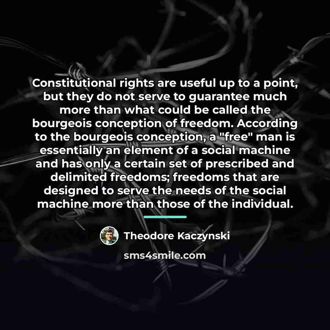 “Constitutional rights are useful up to a point, but they…” quote by Theodore Kaczynski