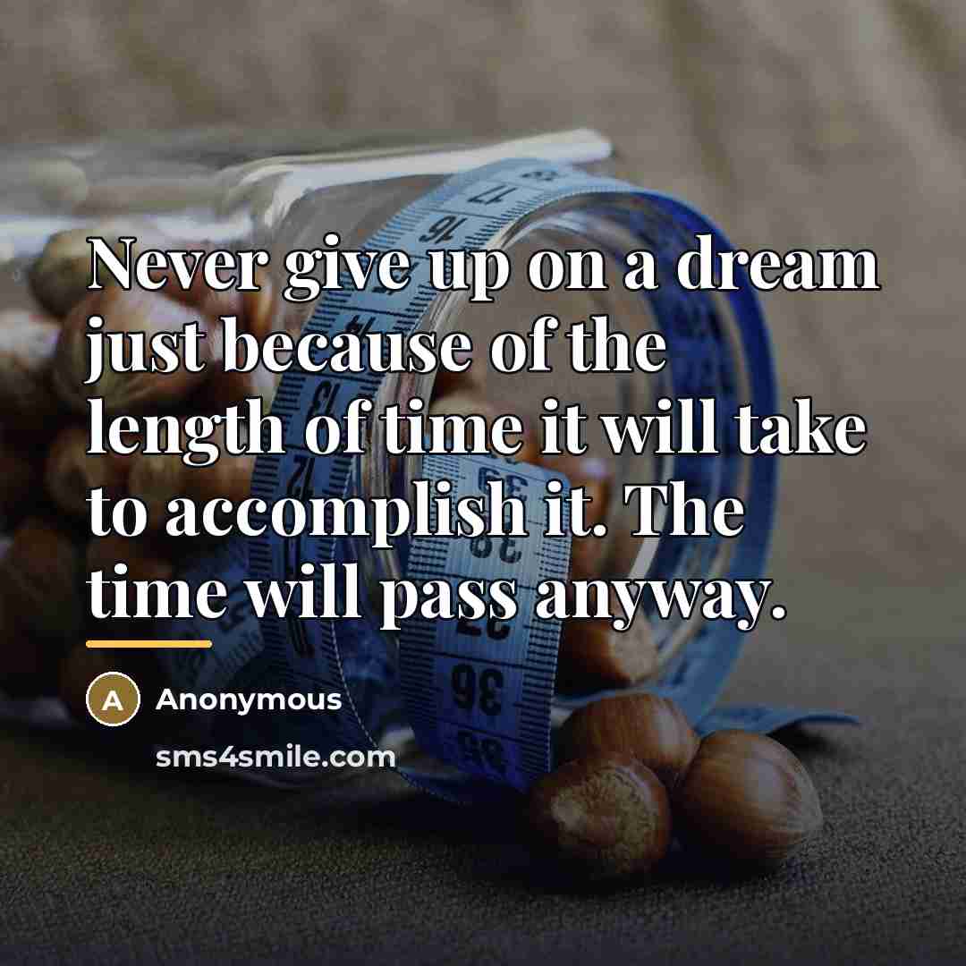 “Never give up on a dream just because of the…” quote by Anonymous