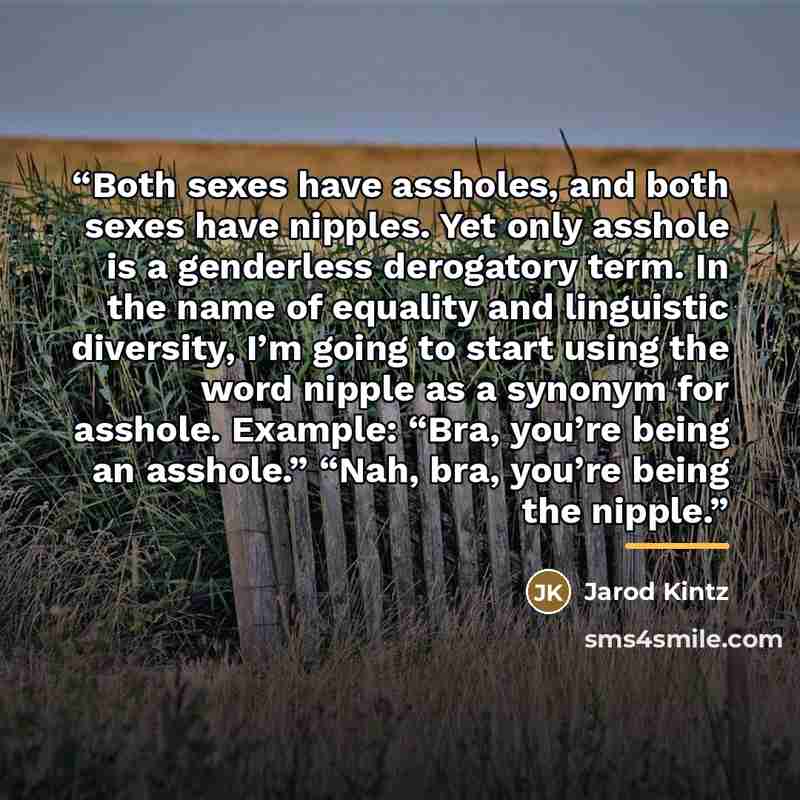 “Both sexes have assholes, and both sexes have nipples. Yet only asshole is a genderless derogatory term. In the name of equality and linguistic diversity, I’m going to start using the word nipple as a synonym for asshole. Example: “Bra, you’re being an asshole.” “Nah, bra, you’re being the nipple.” quote by Jarod Kintz