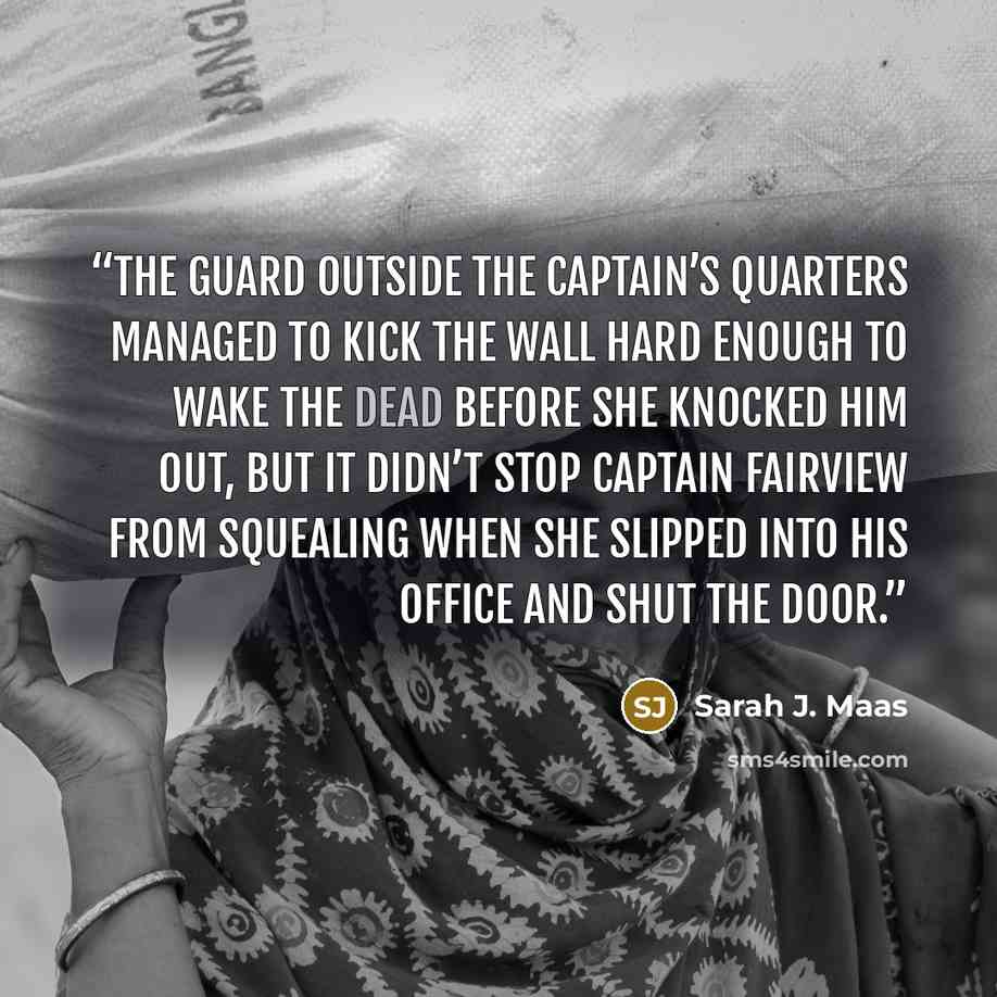 “The guard outside the captain’s quarters managed to kick the wall hard enough to wake the dead before she knocked him out, but it didn’t stop Captain Fairview from squealing when she slipped into his office and shut the door.” quote by Sarah J. Maas