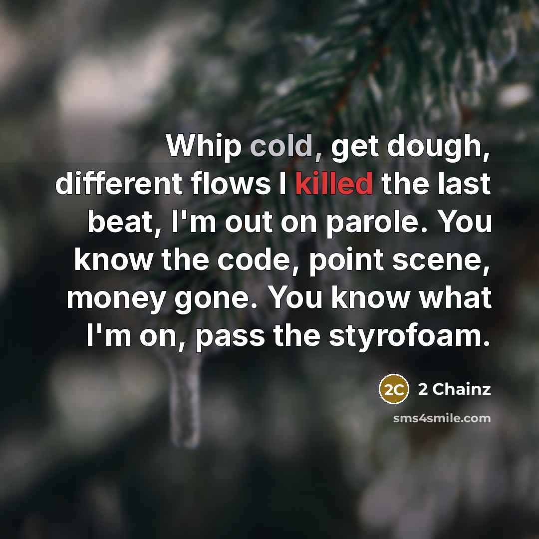 “Whip cold, get dough, different flows I killed the last beat, I'm out on parole. You know the code, point scene, money gone. You know what I'm on, pass the styrofoam.” quote by 2 Chainz