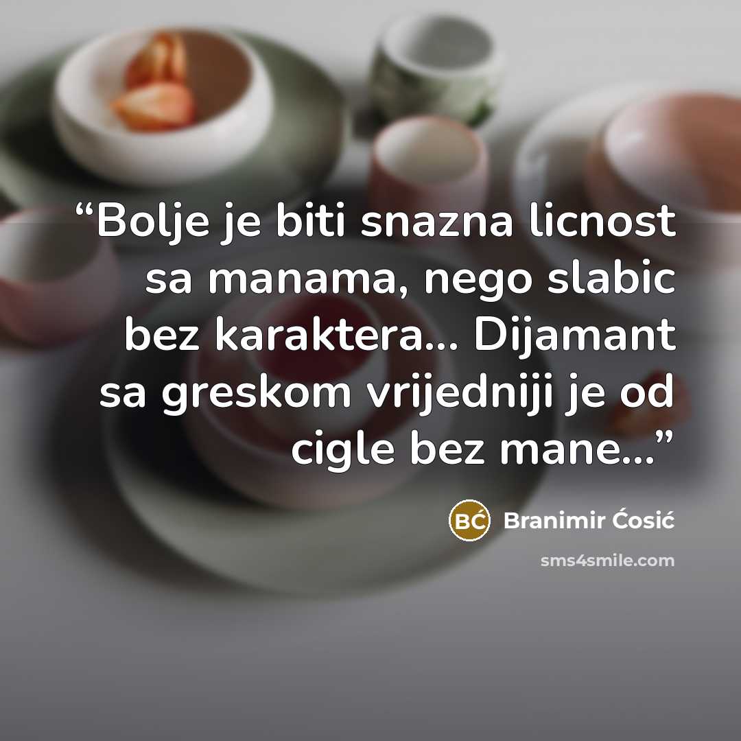 “Bolje﻿ je biti snazna licnost sa manama, nego slabic bez karaktera... Dijamant sa greskom vrijedniji je od cigle bez mane...” quote by Branimir Ćosić