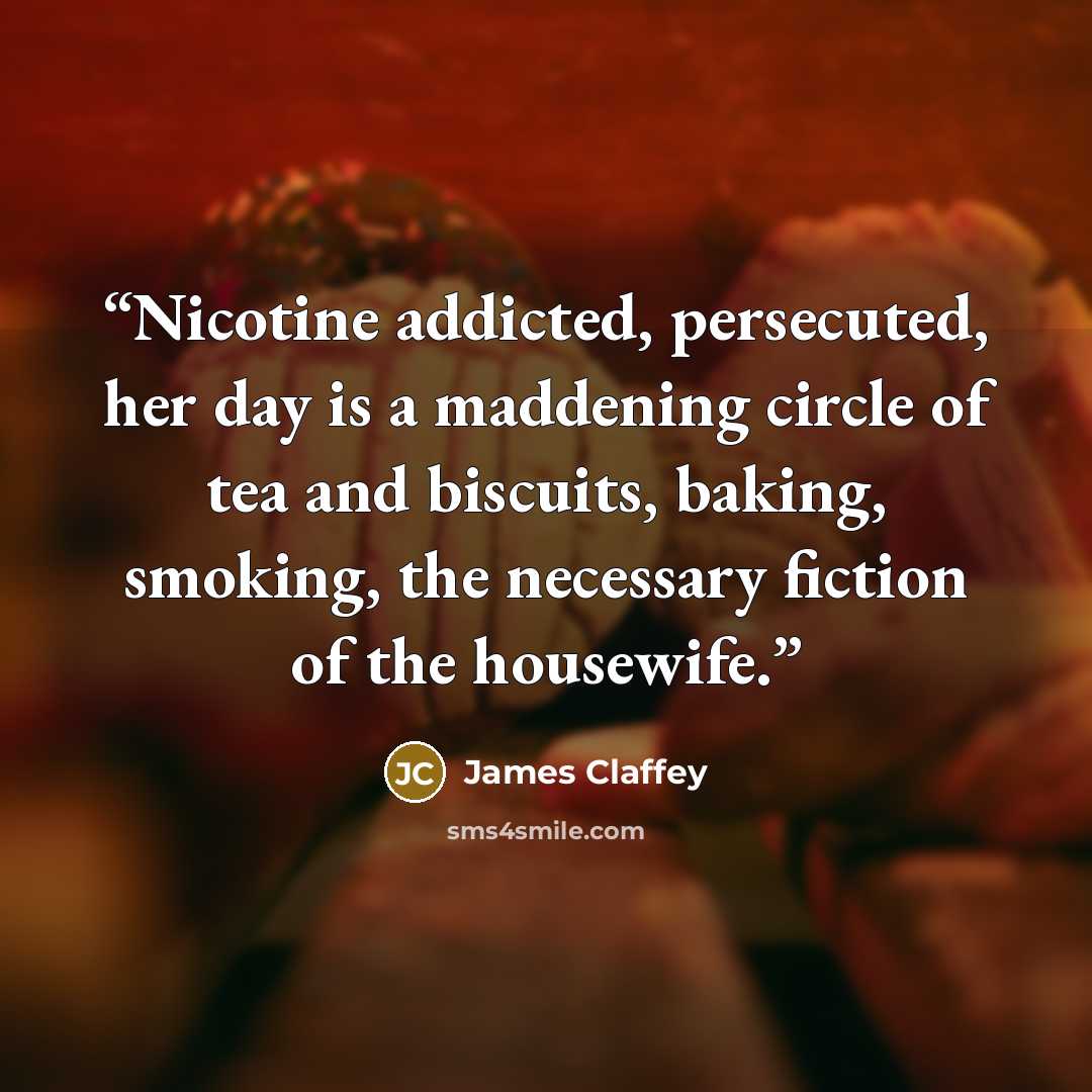 “Nicotine addicted, persecuted, her day is a maddening circle of tea and biscuits, baking, smoking, the necessary fiction of the housewife.” quote by James Claffey