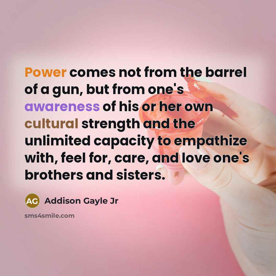 “Power comes not from the barrel of a gun, but from one's awareness of his or her own cultural strength and the unlimited capacity to empathize with, feel for, care, and love one's brothers and sisters.” quote by Addison Gayle Jr