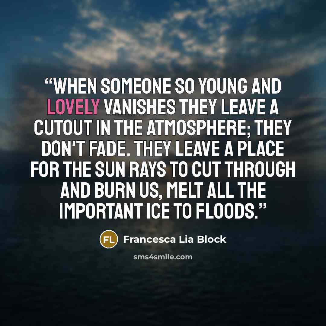 “When someone so young and lovely vanishes they leave a cutout in the atmosphere; they don't fade. They leave a place for the sun rays to cut through and burn us, melt all the important ice to floods.” quote by Francesca Lia Block