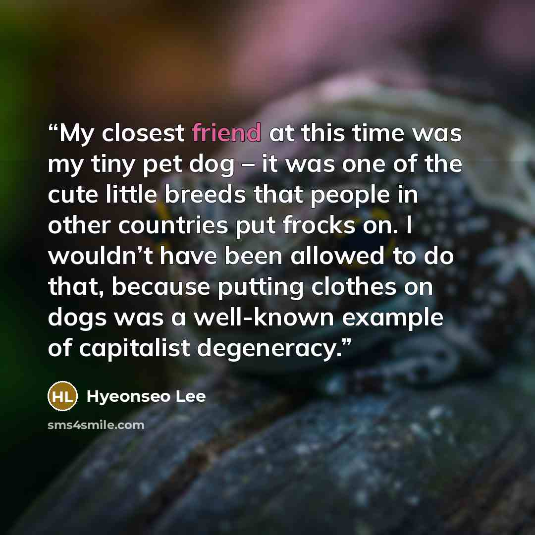 “My closest friend at this time was my tiny pet dog – it was one of the cute little breeds that people in other countries put frocks on. I wouldn’t have been allowed to do that, because putting clothes on dogs was a well-known example of capitalist degeneracy.” quote by Hyeonseo Lee