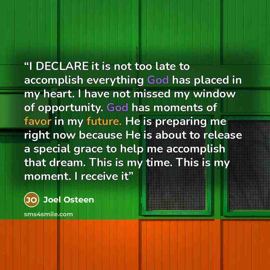 “I DECLARE it is not too late to accomplish everything God has placed in my heart. I have not missed my window of opportunity. God has moments of favor in my future. He is preparing me right now because He is about to release a special grace to help me accomplish that dream. This is my time. This…” quote by Joel Osteen