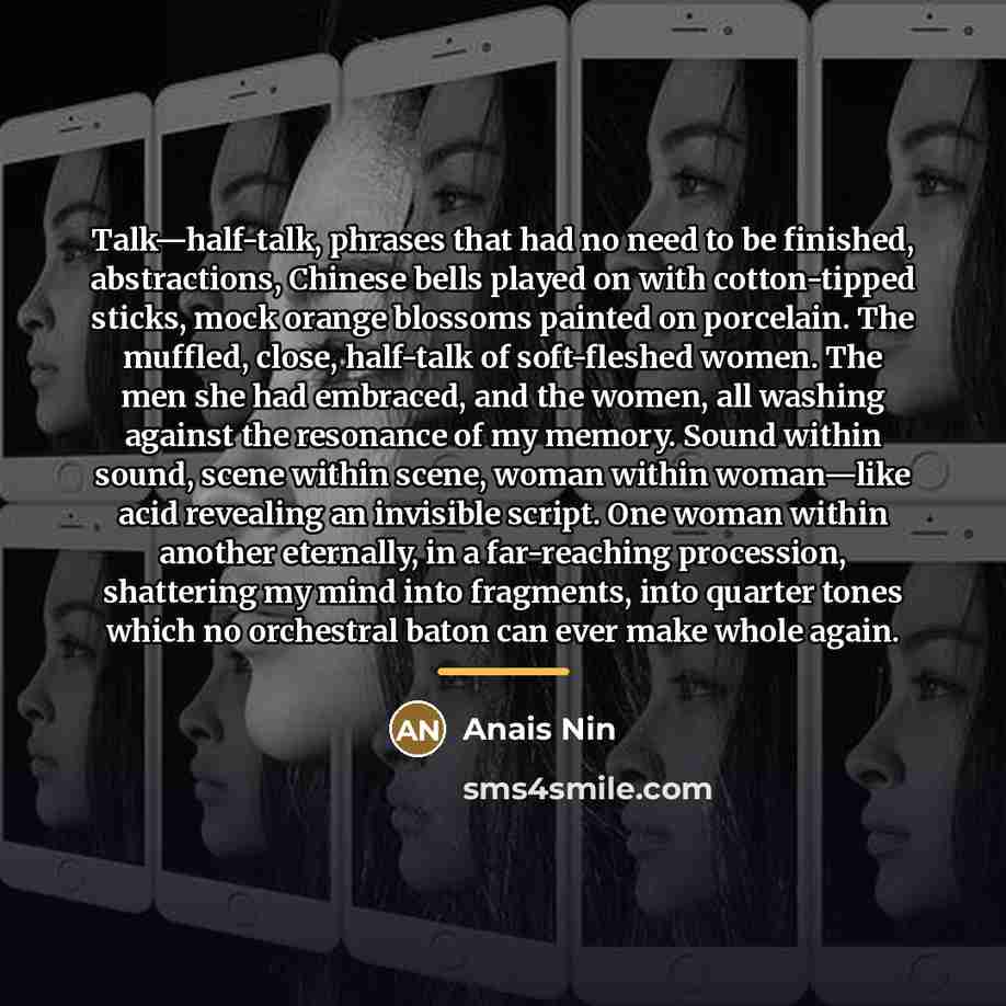 “Talk—half-talk, phrases that had no need to be finished, abstractions,…” quote by Anais Nin