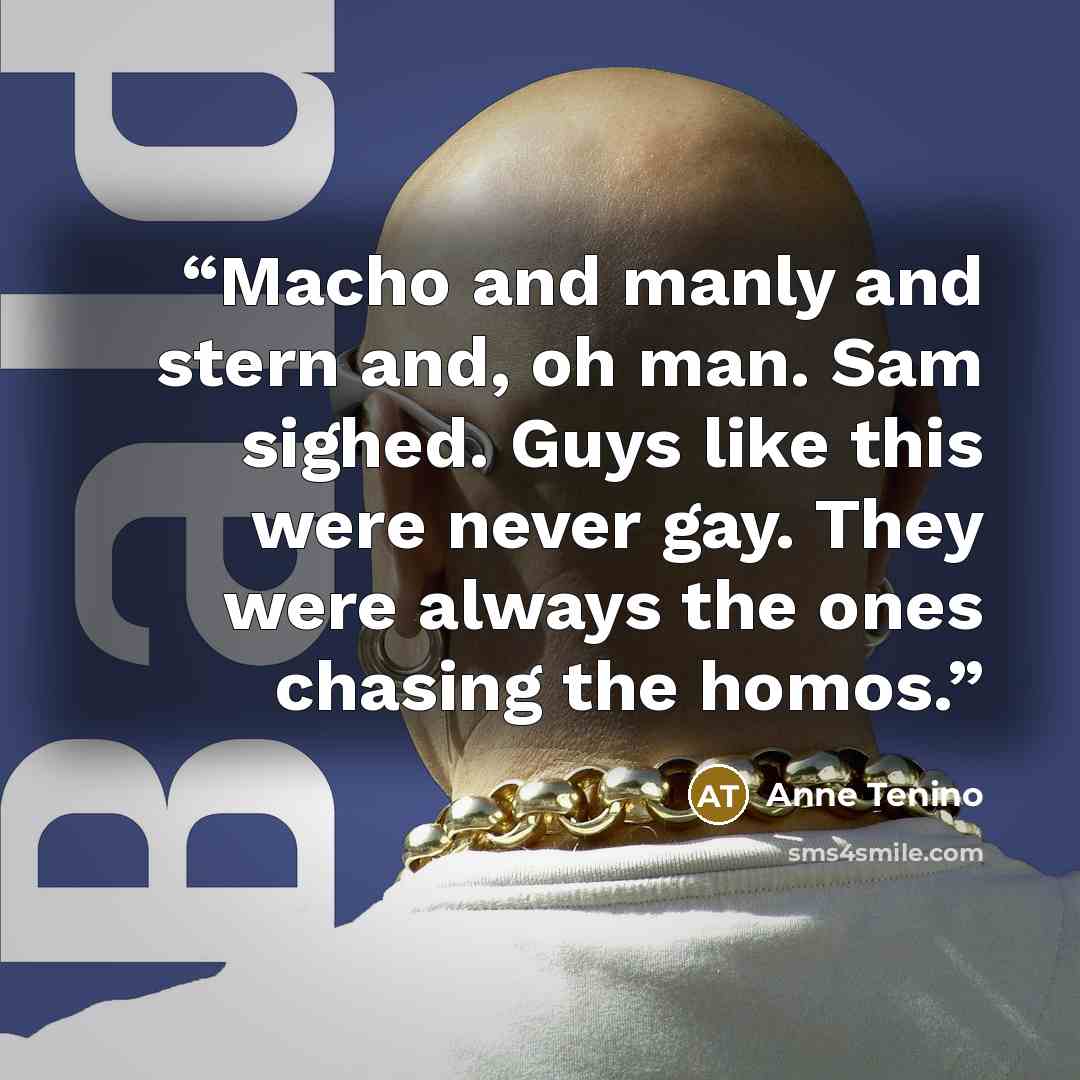 “Macho and manly and stern and, oh man. Sam sighed. Guys like this were never gay. They were always the ones chasing the homos.” quote by Anne Tenino