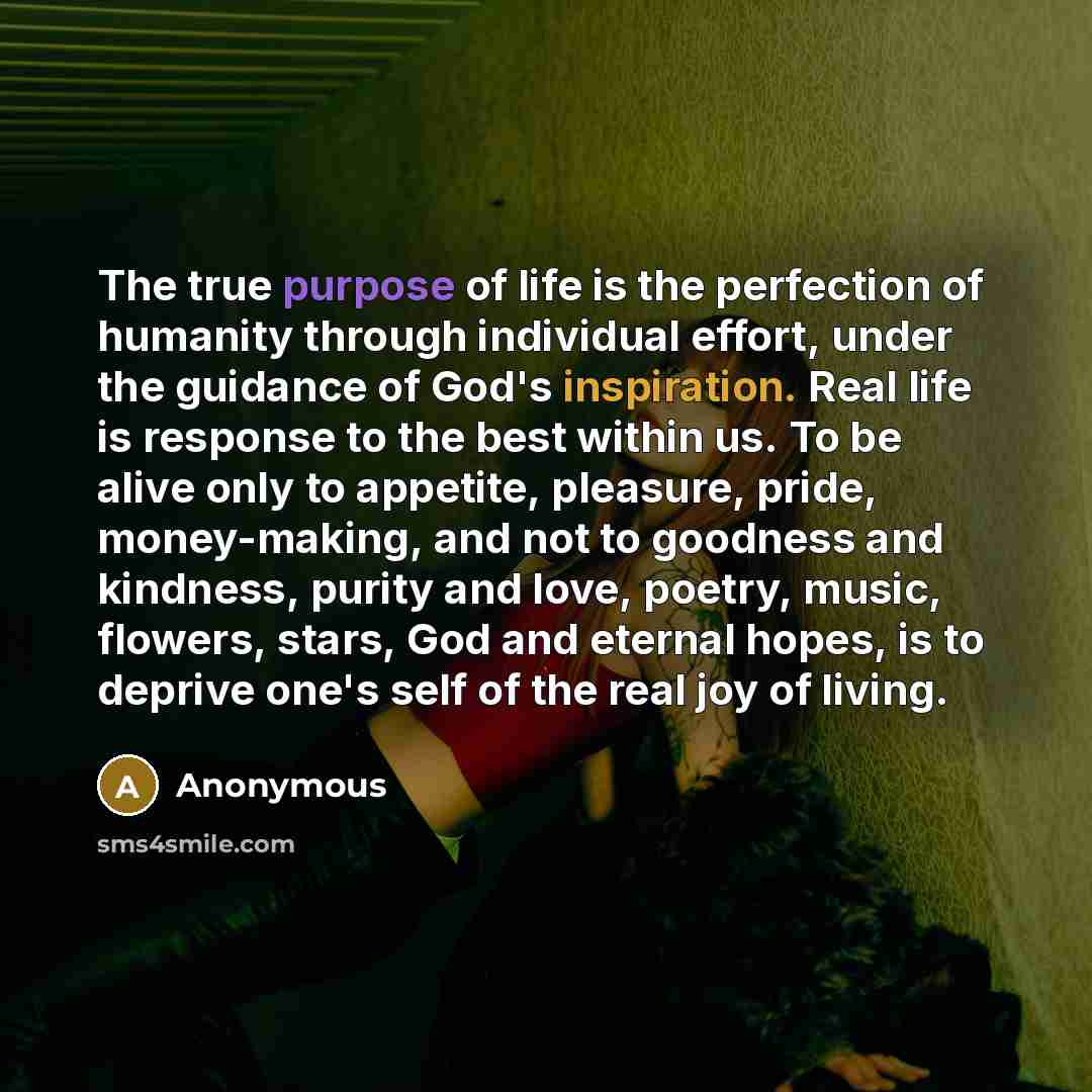 “The true purpose of life is the perfection of humanity…” quote by Anonymous
