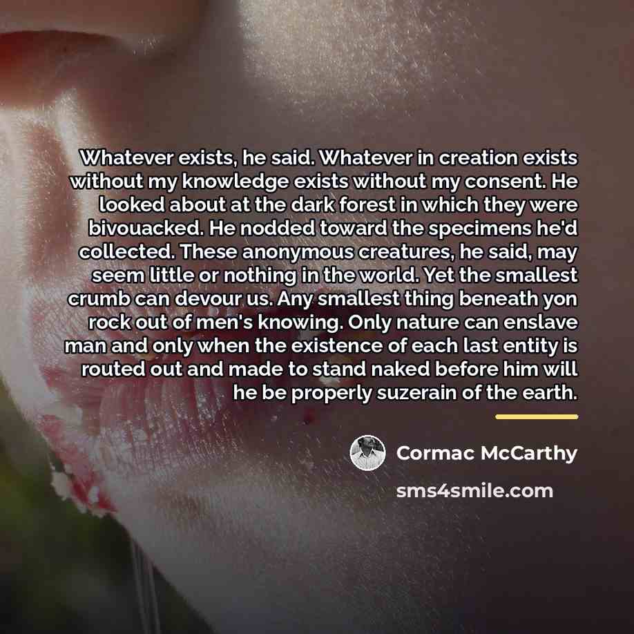 “Whatever exists, he said. Whatever in creation exists without my…” quote by Cormac McCarthy