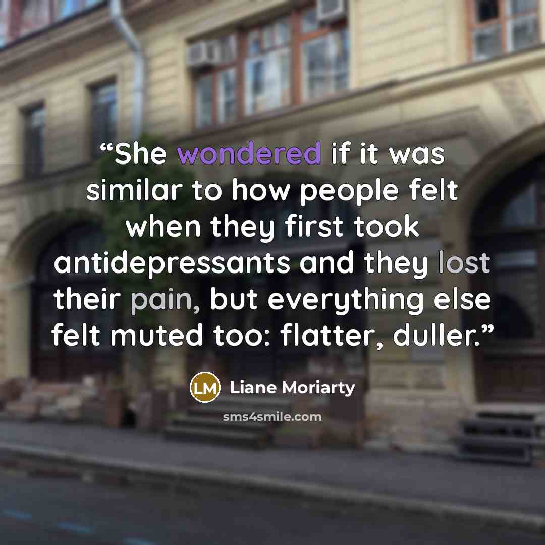 “She wondered if it was similar to how people felt when they first took antidepressants and they lost their pain, but everything else felt muted too: flatter, duller.” quote by Liane Moriarty