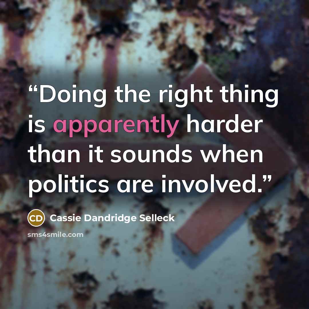 “Doing the right thing is apparently harder than it sounds when politics are involved.” quote by Cassie Dandridge Selleck
