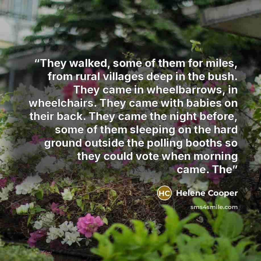 “They walked, some of them for miles, from rural villages deep in the bush. They came in wheelbarrows, in wheelchairs. They came with babies on their back. They came the night before, some of them sleeping on the hard ground outside the polling booths so they could vote when morning came. The” quote by Helene Cooper