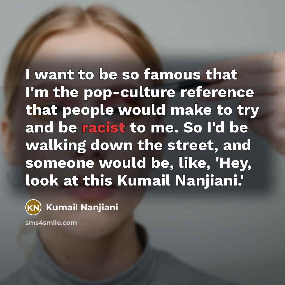 “I want to be so famous that I'm the pop-culture reference that people would make to try and be racist to me. So I'd be walking down the street, and someone would be, like, 'Hey, look at this Kumail Nanjiani.'” quote by Kumail Nanjiani