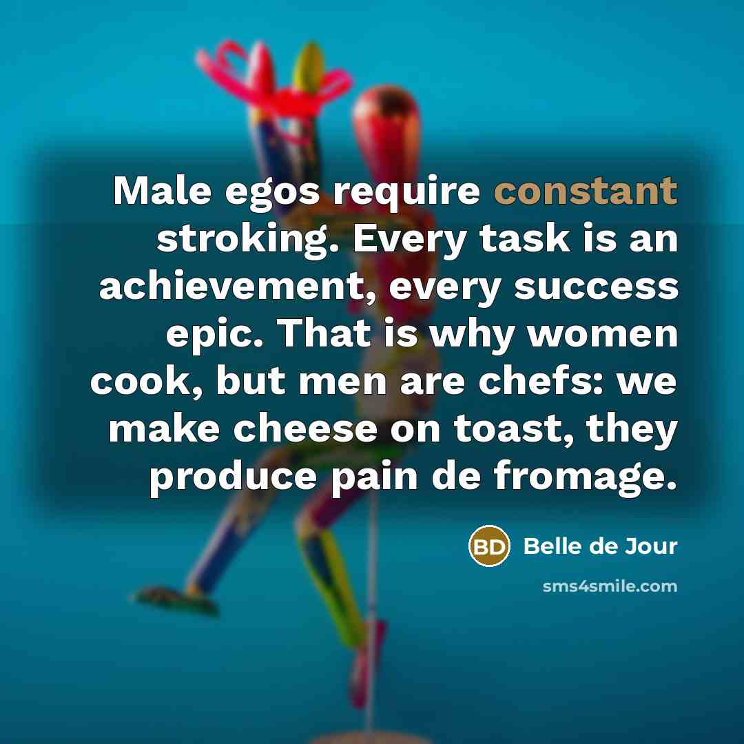“Male egos require constant stroking. Every task is an achievement,…” quote by Belle de Jour
