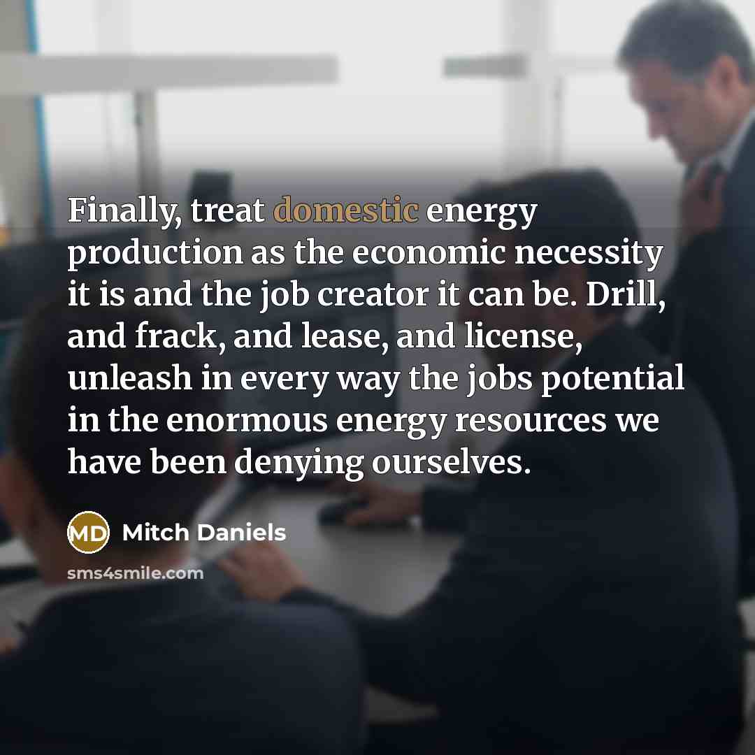 “Finally, treat domestic energy production as the economic necessity it…” quote by Mitch Daniels