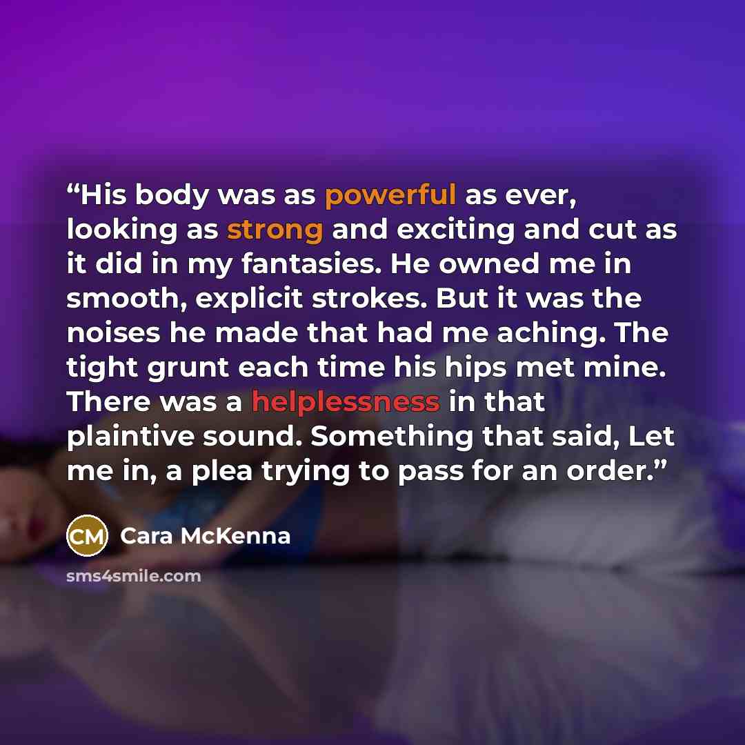 “His body was as powerful as ever, looking as strong and exciting and cut as it did in my fantasies. He owned me in smooth, explicit strokes. But it was the noises he made that had me aching. The tight grunt each time his hips met mine. There was a helplessness in that plaintive sound. Something…” quote by Cara McKenna