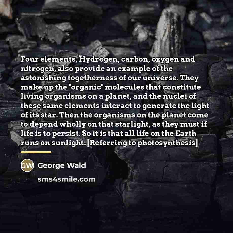 “Four elements, Hydrogen, carbon, oxygen and nitrogen, also provide an…” quote by George Wald