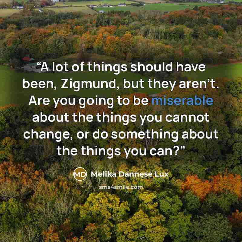 “A lot of things should have been, Zigmund, but they aren’t. Are you going to be miserable about the things you cannot change, or do something about the things you can?” quote by Melika Dannese Lux
