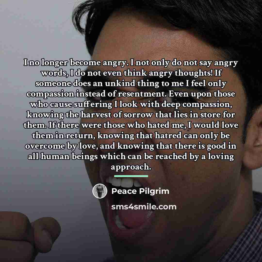 “I no longer become angry. I not only do not…” quote by Peace Pilgrim