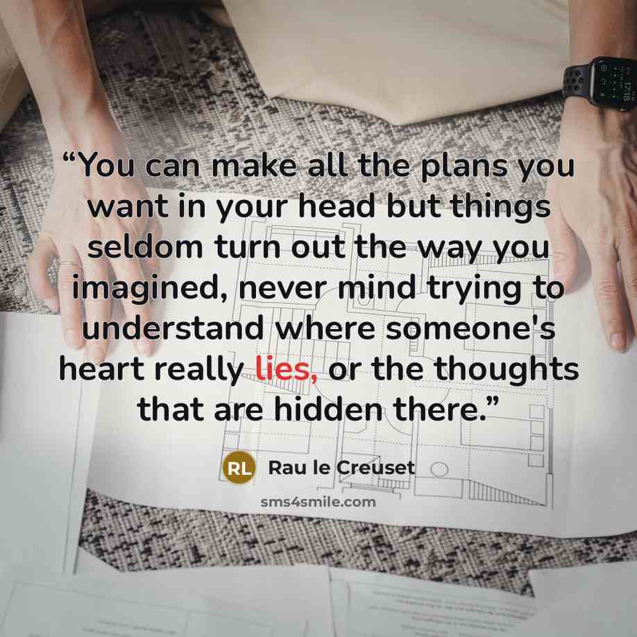 “You can make all the plans you want in your head but things seldom turn out the way you imagined, never mind trying to understand where someone's heart really lies, or the thoughts that are hidden there.” quote by Rau le Creuset