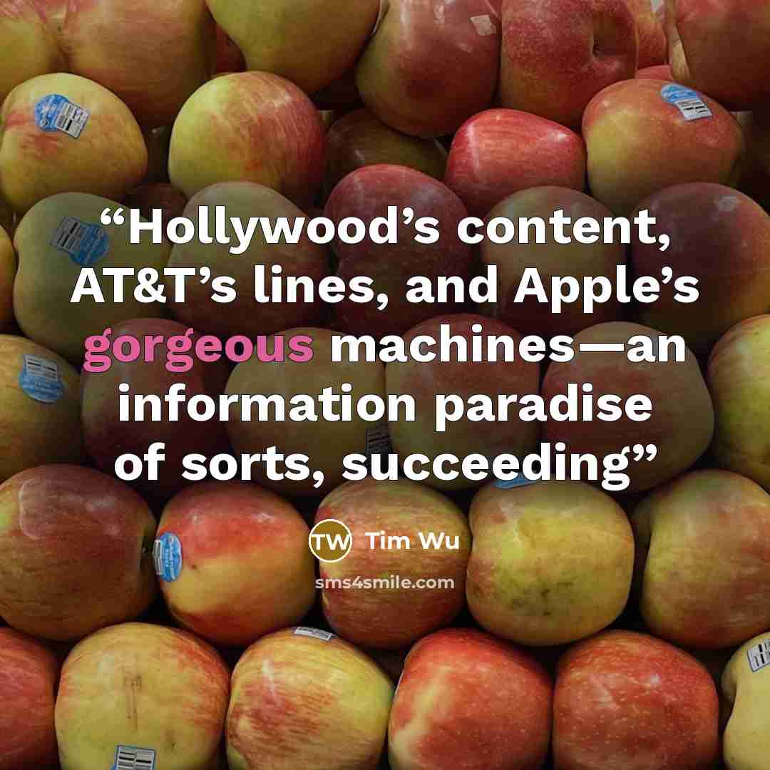 “Hollywood’s content, AT&T’s lines, and Apple’s gorgeous machines—an information paradise of sorts, succeeding” quote by Tim Wu