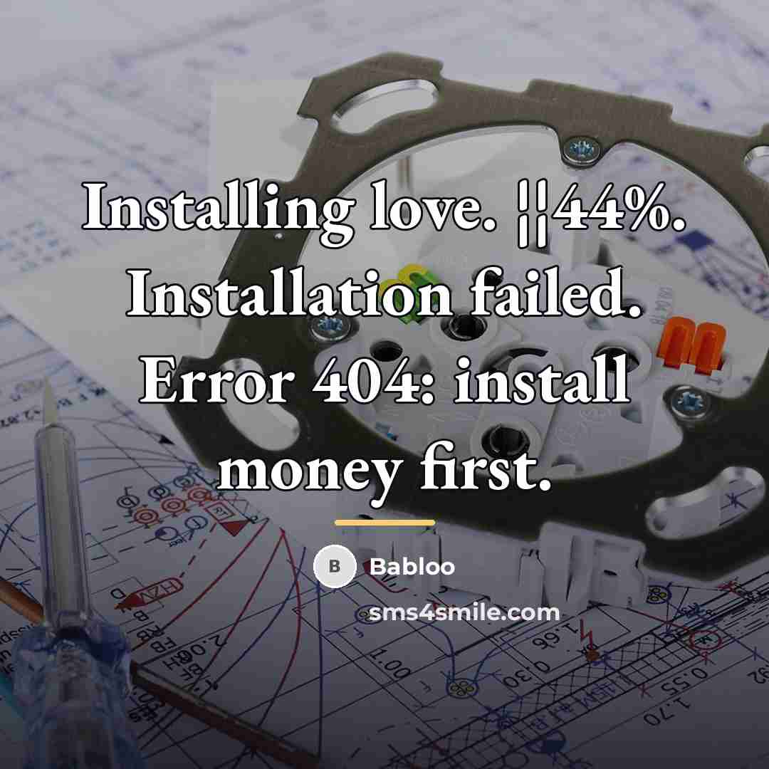 “Installing love. ¦¦44%. Installation failed. Error 404: install money first.…” quote by Babloo