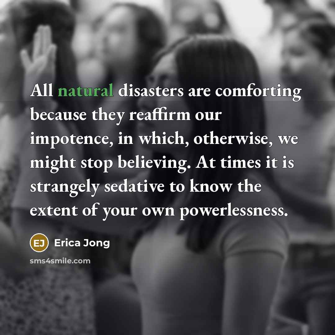 “All natural disasters are comforting because they reaffirm our impotence,…” quote by Erica Jong