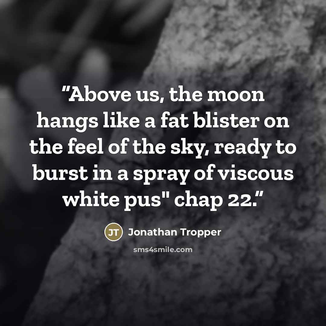 “Above us, the moon hangs like a fat blister on the feel of the sky, ready to burst in a spray of viscous white pus" chap 22.” quote by Jonathan Tropper