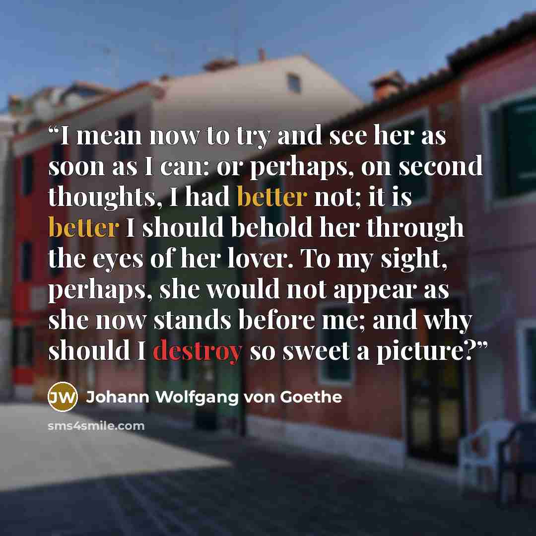“I mean now to try and see her as soon as I can: or perhaps, on second thoughts, I had better not; it is better I should behold her through the eyes of her lover. To my sight, perhaps, she would not appear as she now stands before me; and why should I destroy so sweet a picture?” quote by Johann Wolfgang von Goethe