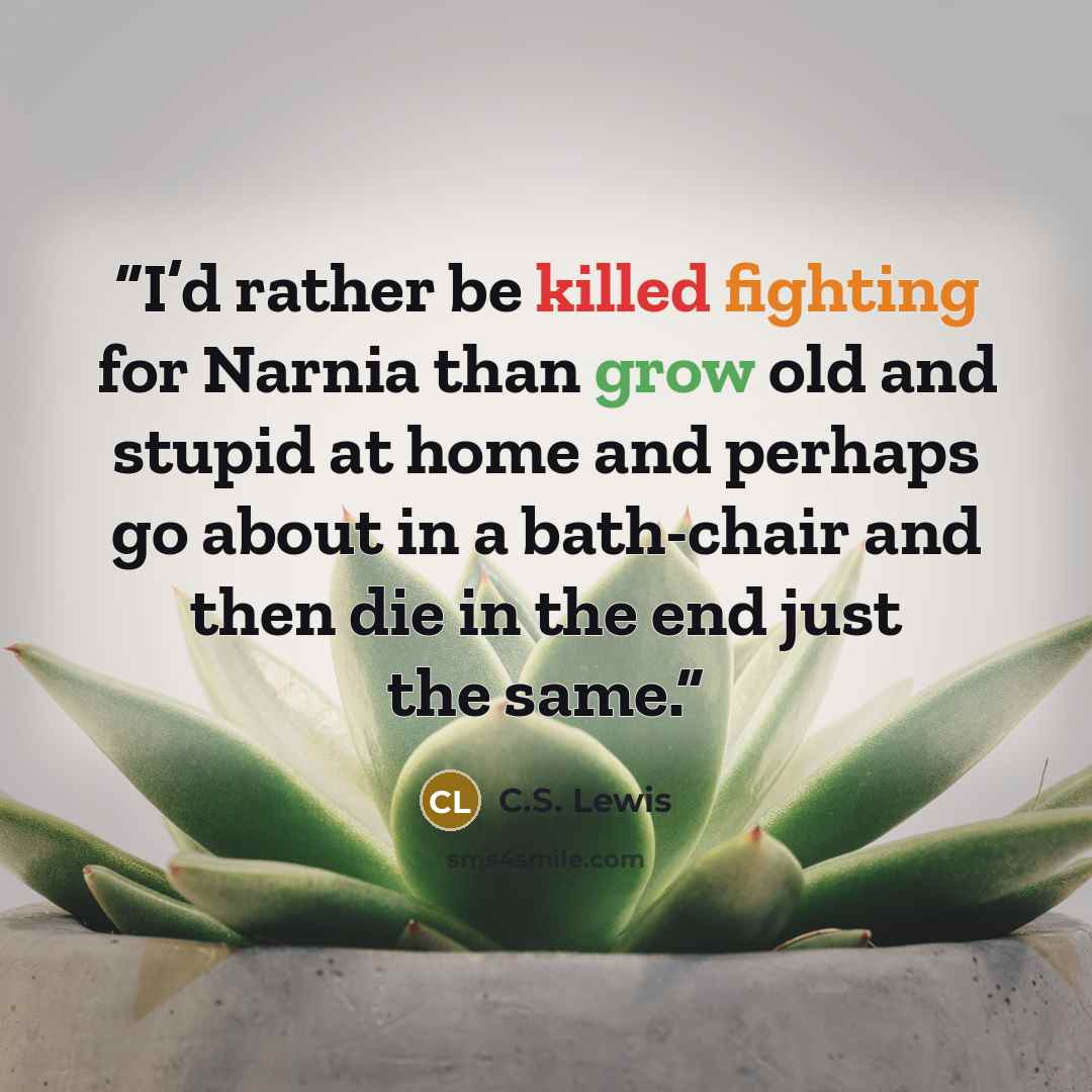 “I’d rather be killed fighting for Narnia than grow old and stupid at home and perhaps go about in a bath-chair and then die in the end just the same.” quote by C.S. Lewis