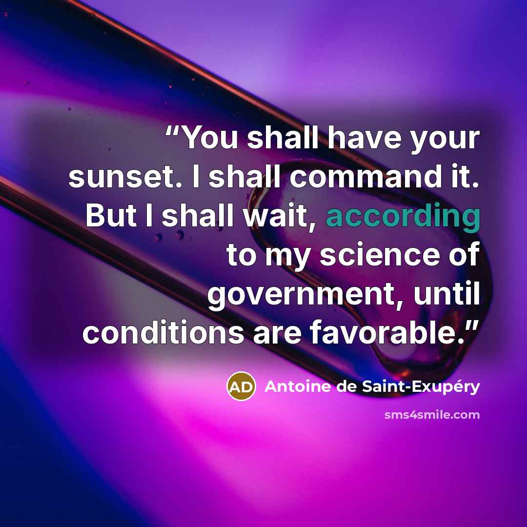 “You shall have your sunset. I shall command it. But I shall wait, according to my science of government, until conditions are favorable.” quote by Antoine de Saint-Exupéry