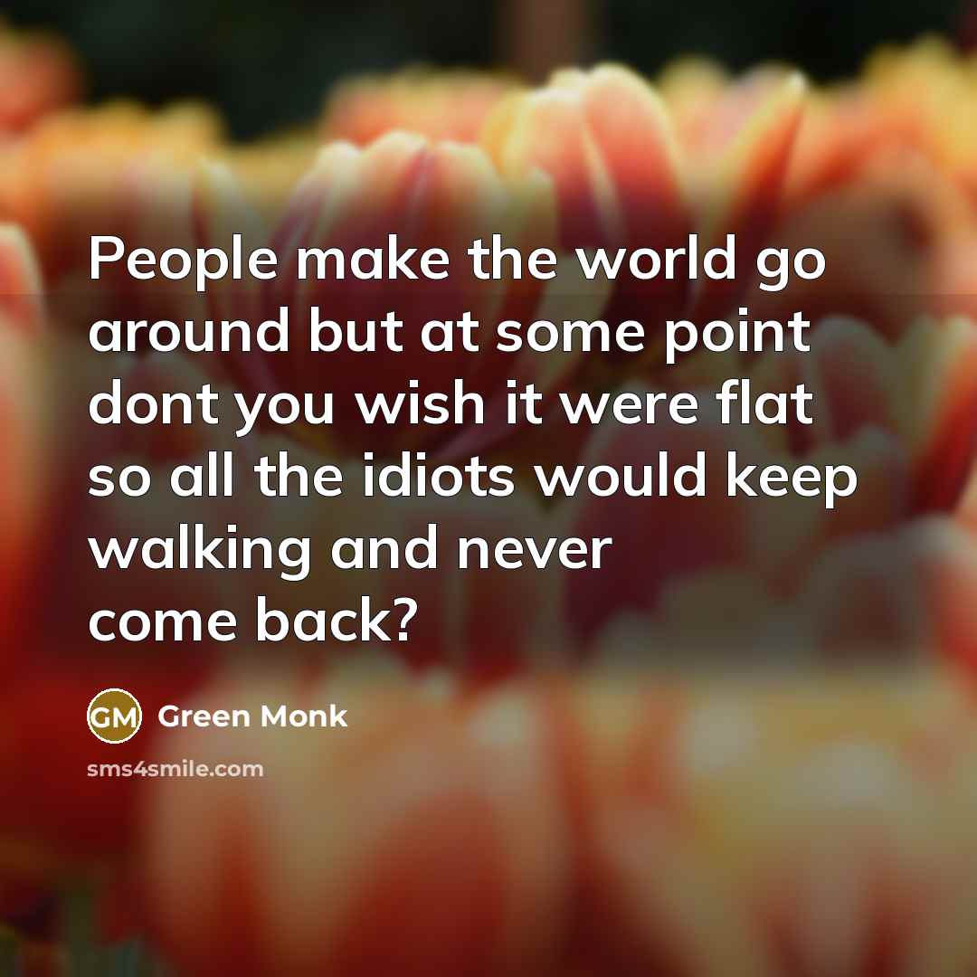 “People make the world go around but at some point dont you wish it were flat so all the idiots would keep walking and never come back?” quote by Green Monk