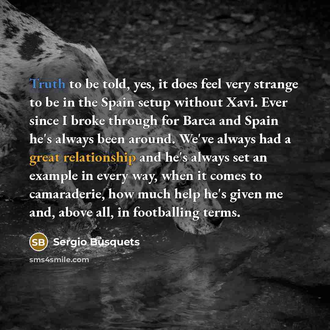 “Truth to be told, yes, it does feel very strange to be in the Spain setup without Xavi. Ever since I broke through for Barca and Spain he's always been around. We've always had a great relationship and he's always set an example in every way, when it comes to camaraderie, how much help he's given…” quote by Sergio Busquets