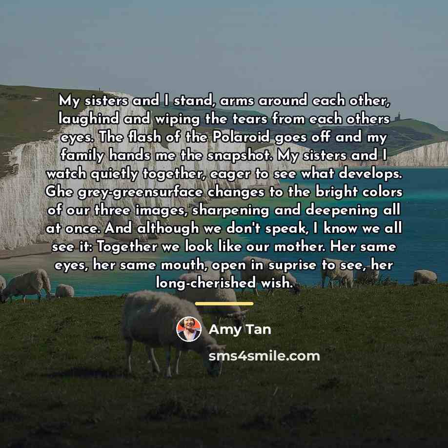 “My sisters and I stand, arms around each other, laughind…” quote by Amy Tan