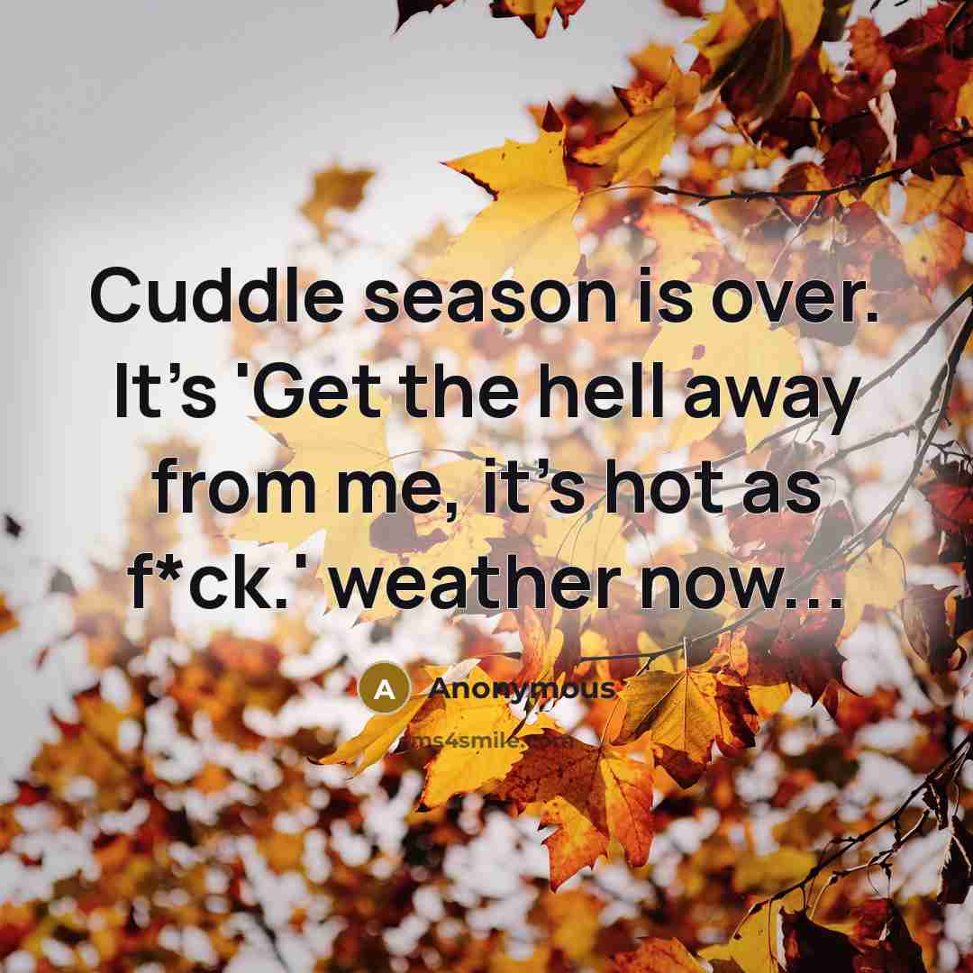 “Cuddle season is over. It's 'Get the hell away from me, it's hot as f*ck.' weather now...” quote by Anonymous