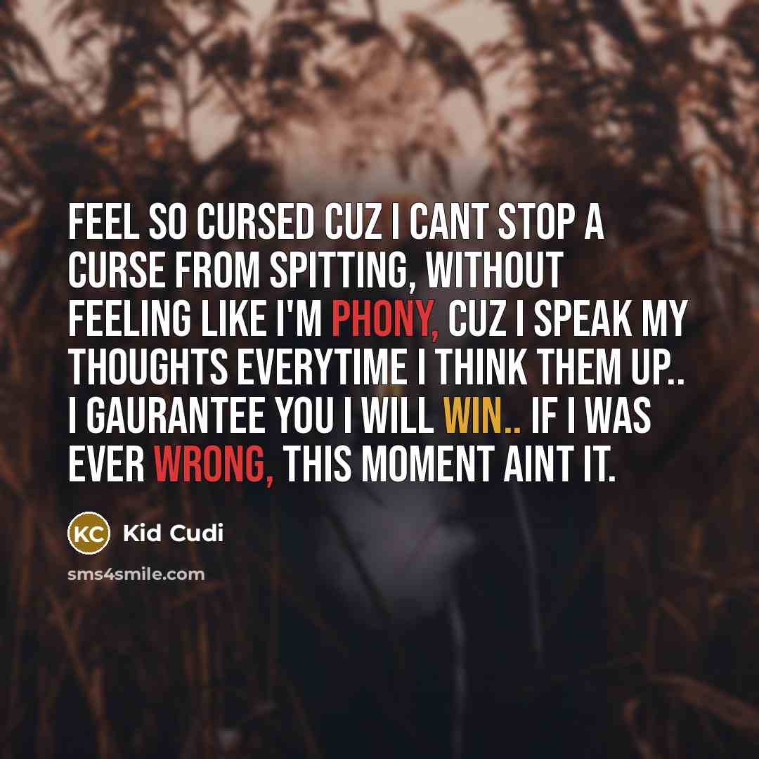 “Feel so cursed cuz I cant stop a curse from spitting, without feeling like I'm phony, cuz I speak my thoughts everytime I think them up.. I gaurantee you I will win.. if I was ever wrong, this moment aint it.” quote by Kid Cudi